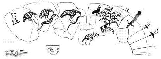 Painting on a bowl from Qustul
A-group cemetary L (tomb L23);
initially date to Nagada IIIa, the
largest tombs of the cemetary
(also L11, L24, L19) must instead
date to Nagada IIIb, thus Dynasty 0
(Drawing by F. Raffaele after B.
Williams 1986 pl. 84-85 bowl